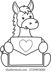 Libro para colorear del icono de la etiqueta engomada del burro lindo. Esquema de burro traer una carta de amor