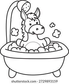 Coloring book of Cute Donkey sticker icon. Outline of Donkey take a bath