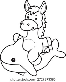 Libro para colorear del icono de la etiqueta engomada del burro lindo. Esquema de burro montando un tiburón 