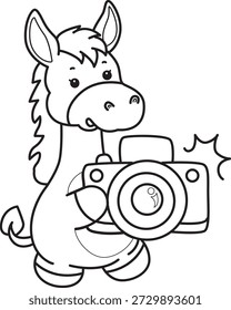 Libro para colorear del icono de la etiqueta engomada del burro lindo. Esquema de Donkey traer una cámara