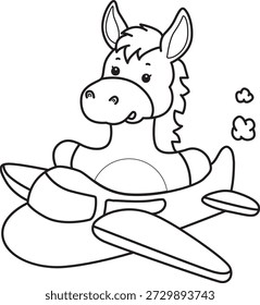 Libro para colorear del icono de la etiqueta engomada del burro lindo. Esquema de burro montando un avión