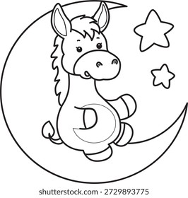 Libro para colorear del icono de la etiqueta engomada del burro lindo. Esquema del burro que pone en la luna