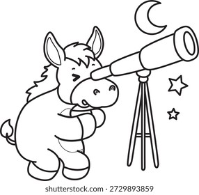 Libro para colorear del icono de la etiqueta engomada del burro lindo. Esquema de Burro ver la luna por telescopio 