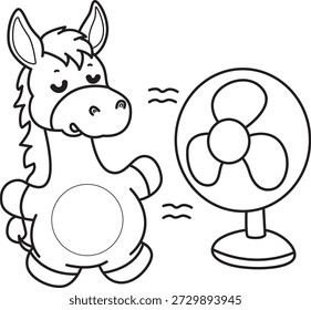 Libro para colorear del icono de la etiqueta engomada del burro lindo. Esquema de burro sentir el aire del ventilador