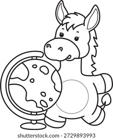Libro para colorear del icono de la etiqueta engomada del burro lindo. Esquema de Donkey traer un globo