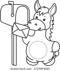 Libro para colorear del icono de la etiqueta engomada del burro lindo. Esquema del burro enviar el sobre