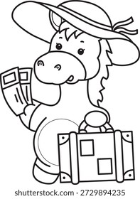Libro para colorear del icono de la etiqueta engomada del burro lindo. Esquema de burro traer un bolso de viaje