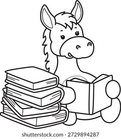 Libro para colorear del icono de la etiqueta engomada del burro lindo. Esquema de burro leyendo un libro
