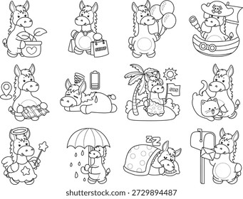 Libro para colorear del icono de la etiqueta engomada del burro lindo. Esquema de burro en la variación de la vida diaria