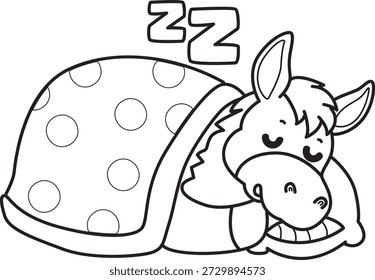 Libro para colorear del icono de la etiqueta engomada del burro lindo. Esquema de burro durmiendo con manta