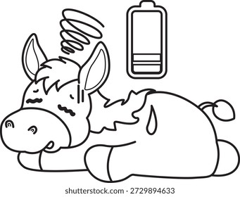 Libro para colorear del icono de la etiqueta engomada del burro lindo. El contorno de Donkey estaba tan cansado