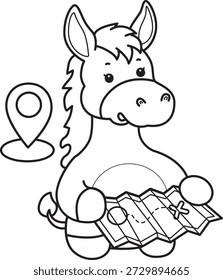 Libro para colorear del icono de la etiqueta engomada del burro lindo. Esquema de Burro ver los mapas