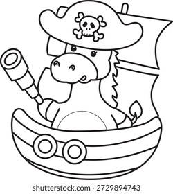 Libro para colorear del icono de la etiqueta engomada del burro lindo. Esquema de burro como un pirata 