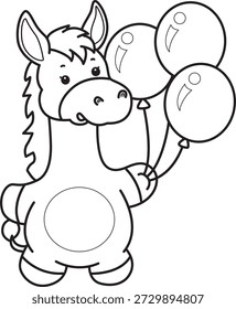 Libro para colorear del icono de la etiqueta engomada del burro lindo. Esquema de Burro traer tres globos