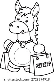 Libro para colorear del icono de la etiqueta engomada del burro lindo. Esquema de burro traer una bolsa de la compra