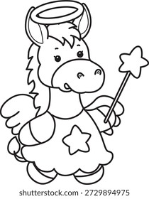 Libro para colorear del icono de la etiqueta engomada del burro lindo. Esquema de burro como un hada