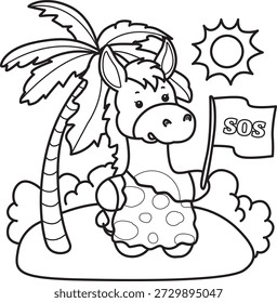 Libro para colorear del icono de la etiqueta engomada del burro lindo. Esquema de burro en la isla vacía 