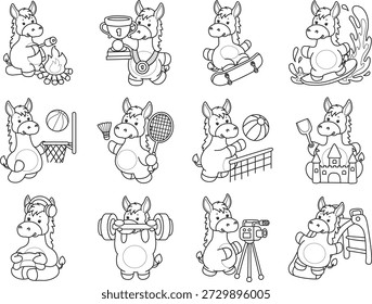 Libro para colorear del icono de la etiqueta engomada del burro lindo. Esquema de burro en la variación del deporte y el entrenamiento