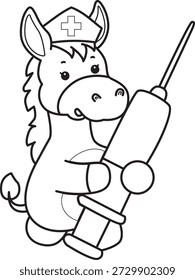 Libro para colorear del icono de la etiqueta engomada del burro lindo. Esquema de Donkey traer una jeringa
