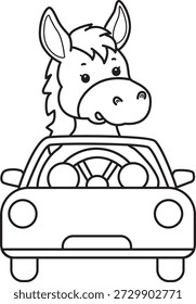 Libro para colorear del icono de la etiqueta engomada del burro lindo. Esquema de burro conduciendo un coche