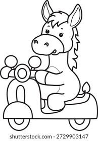 Libro para colorear del icono de la etiqueta engomada del burro lindo. Esquema de burro montando una moto