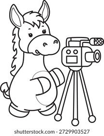 Libro para colorear del icono de la etiqueta engomada del burro lindo. Video Esquema de burro haciendo... por cámara