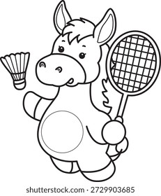 Libro para colorear del icono de la etiqueta engomada del burro lindo. Esquema de burro jugando un bádminton
