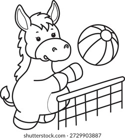 Libro para colorear del icono de la etiqueta engomada del burro lindo. Esquema de burro jugando una pelota de voleibol