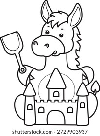Libro para colorear del icono de la etiqueta engomada del burro lindo. Esquema de burro jugando un castillo de arena