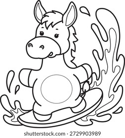 Libro para colorear del icono de la etiqueta engomada del burro lindo. Esquema de burro jugando un surf 