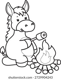 Livro de colorir bonito ícone adesivo Burro. Contorno de Burro assando um marshmallow 