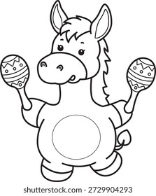 Libro para colorear del icono de la etiqueta engomada del burro lindo. Esquema de burro jugando a las maracas