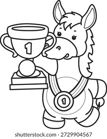 Libro para colorear del icono de la etiqueta engomada del burro lindo. Esquema de Burro traer un trofeo 