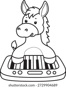 Libro para colorear del icono de la etiqueta engomada del burro lindo. Esquema de burro tocando un piano