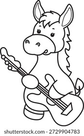 Libro para colorear del icono de la etiqueta engomada del burro lindo. Esquema de burro tocando una guitarra