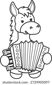 Libro para colorear del icono de la etiqueta engomada del burro lindo. Esquema de burro tocando un acordeón