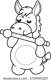 Libro para colorear del icono de la etiqueta engomada del burro lindo. Esquema de burro tocando una flauta