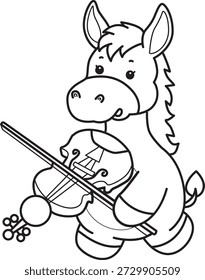 Libro para colorear del icono de la etiqueta engomada del burro lindo. Esquema de burro tocando un violín