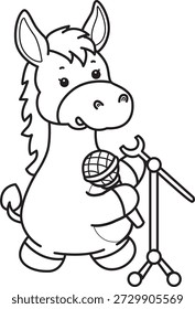Libro para colorear del icono de la etiqueta engomada del burro lindo. Esquema de burro cantando una canción con micrófono