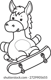 Libro para colorear del icono de la etiqueta engomada del burro lindo. Esquema de burro jugando un monopatín