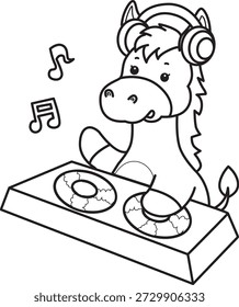 Livro de colorir bonito ícone adesivo Burro. Contorno de Burro tocando um disco no clube