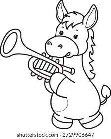 Livro de colorir bonito ícone adesivo Burro. Contorno de Burro tocando trompete
