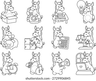 Libro para colorear del icono de la etiqueta engomada del burro lindo. Esquema de burro en la variación de la idea y el dinero