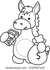 Libro para colorear del icono de la etiqueta engomada del burro lindo. Esquema del burro traer un dólar