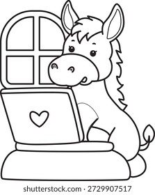 Libro para colorear del icono de la etiqueta engomada del burro lindo. Esquema de Donkey escribiendo en el bloc de notas