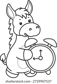 Libro para colorear del icono de la etiqueta engomada del burro lindo. Esquema de burro traer un despertador 