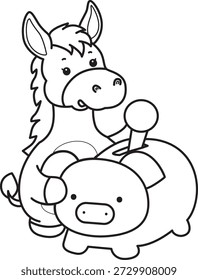 Libro para colorear del icono de la etiqueta engomada del burro lindo. Esquema de dinero de ahorro de burro en la hucha