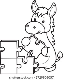 Libro para colorear del icono de la etiqueta engomada del burro lindo. Esquema de burro jugando un rompecabezas