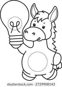 Libro para colorear del icono de la etiqueta engomada del burro lindo. Esquema de Burro traer una lámpara