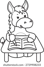 Libro para colorear del icono de la etiqueta engomada del burro lindo. Esquema de escritura de burro en la tabla